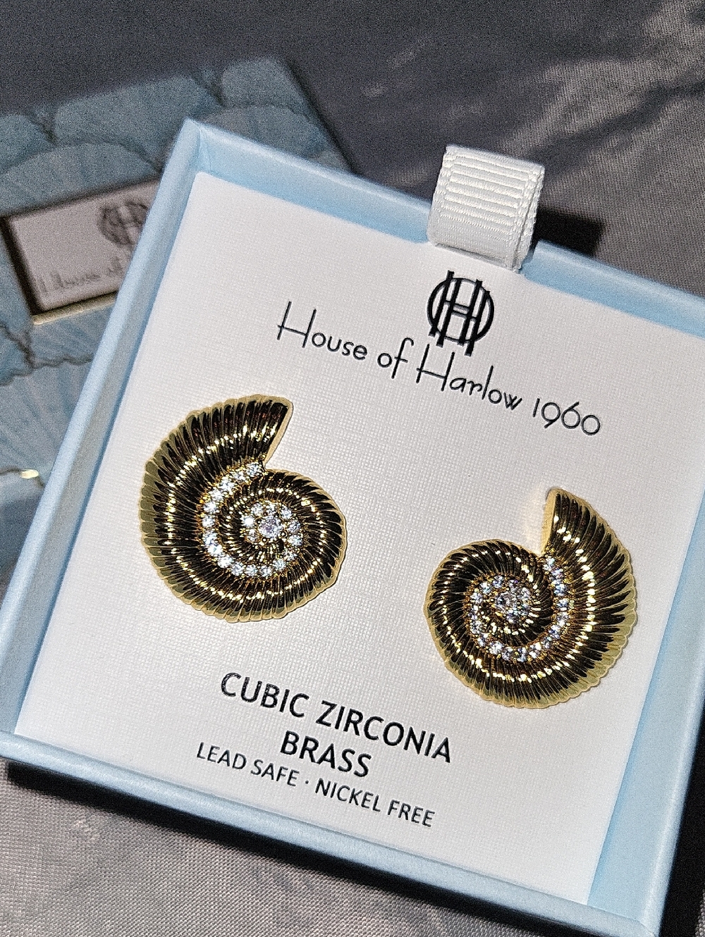 House of Harlow 1960 Gold Nautilus Spiral CZ Stud Earrings Bnib Te